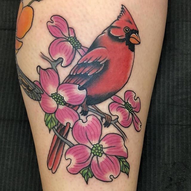 Virginia Cardinal and Dogwood by Tattoo Artist Jerry Martin II at Sacred Mandala Studio in Durham, NC.