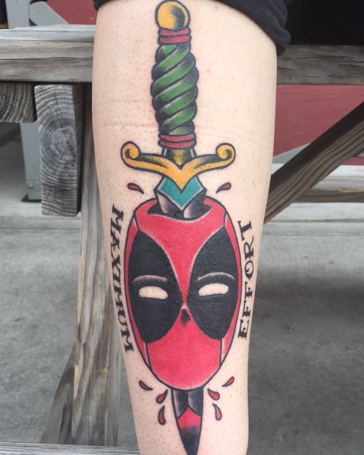 Color Maximum Effort Deadpool Tattoo by Jerry Martin II of Sacred Mandala Studio in Durham, NC.