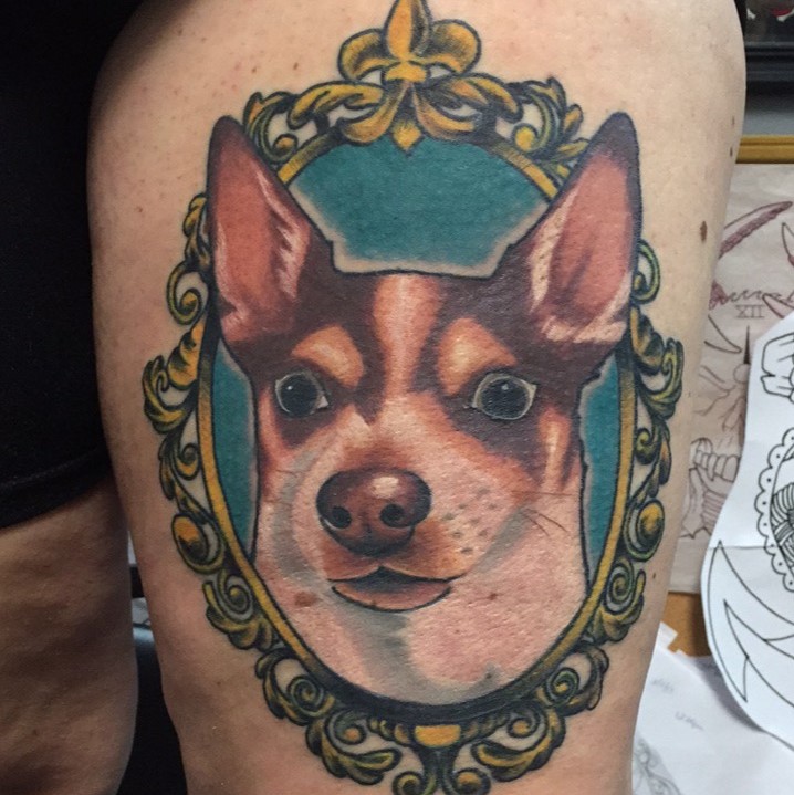 Dog Portrait Tattoo by Tattoo Artist Jerry Martin II at Sacred Mandala Studio in Durham, NC.