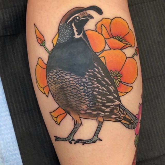 Color California Quail and Poppy Tattoo by Tattoo Artist Jerry Martin II at Sacred Mandala Studio in Durham, NC.