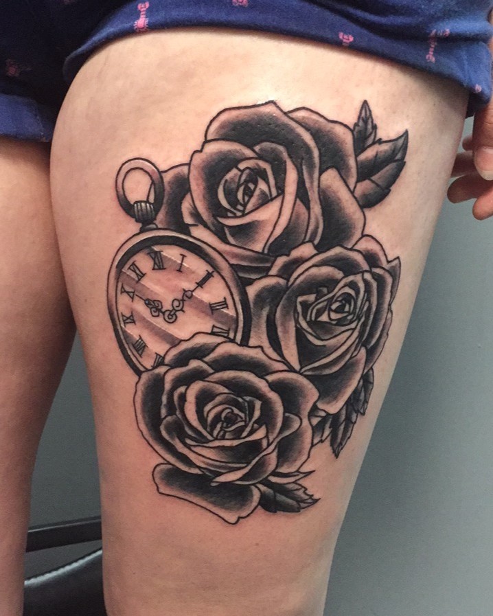 Floral Rose Thigh Tattoo by Jerry Martin II of Sacred Mandala Studio in Durham, NC.