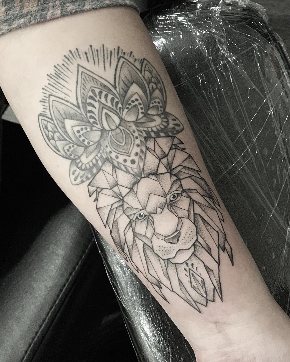 Mandala Lotus Flower with Geometric Lions Head Beneath - Black and Grey Tattoo done by Alan Lott. Alan Lott is available to create your next custom tattoo at Sacred Mandala Studio in Durham, NC. 