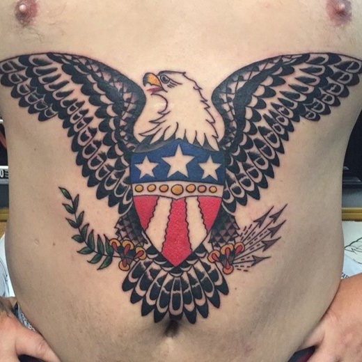 American Eagle with American Flag Stomach tattoo done by tattoo artist Jerry Martin II of Sacred Mandala Studio in Durham, NC.