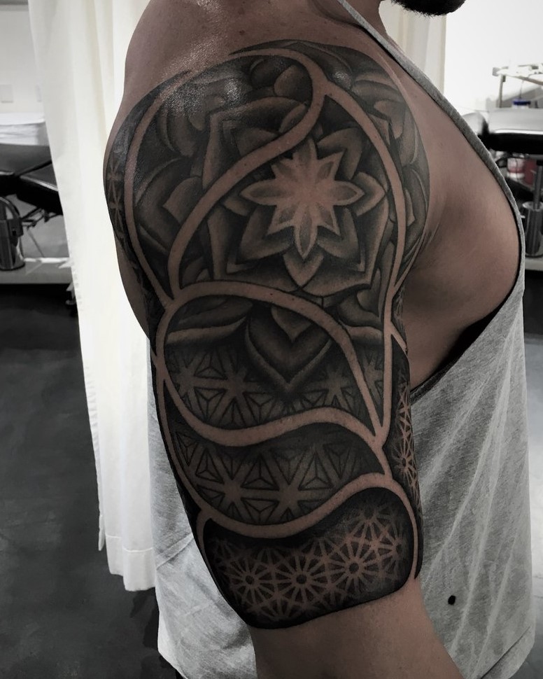 Mandala Upper Arm Sleeve Tattoo in Black and Greydone by Alan Lott at Sacred Mandala Studio in the Triangle of NC - Raleigh, Durham, and Chapel Hill.